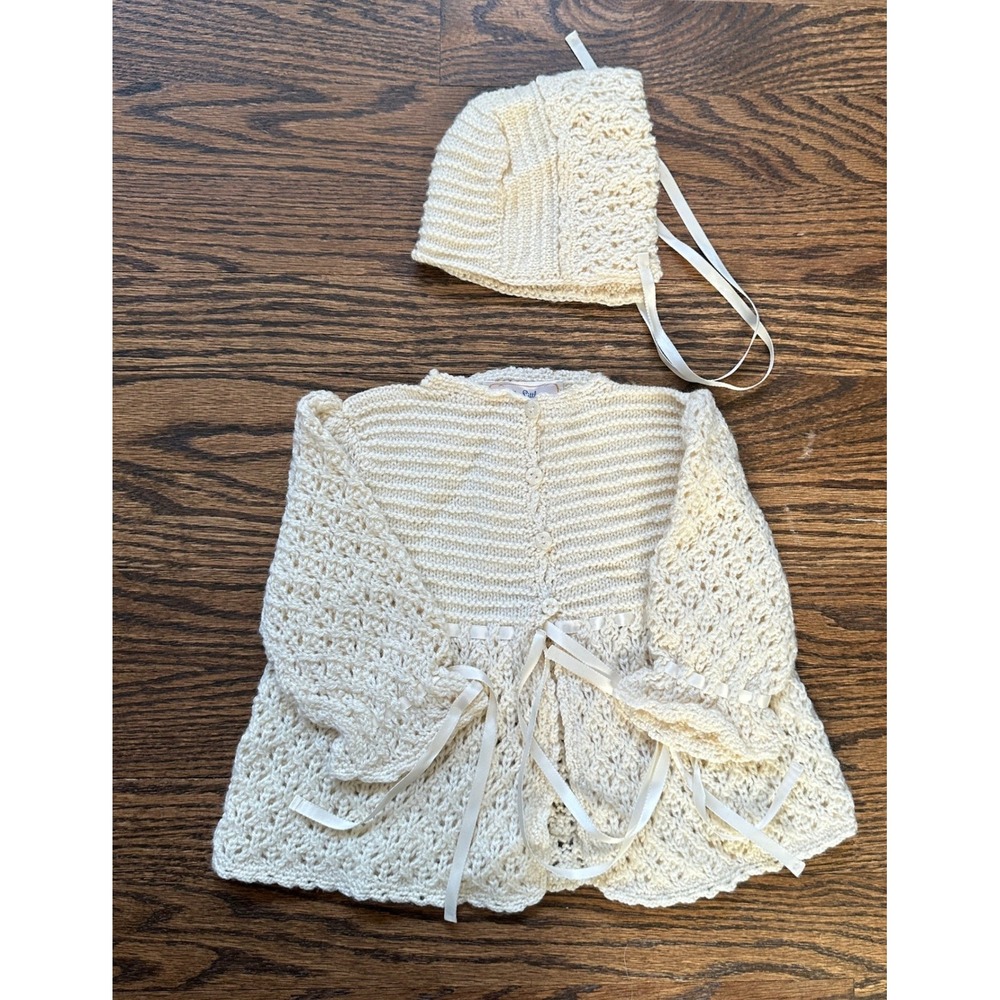 The Little Victorian Knit Cardigan Bonnet Set Baby Cream Heirloom Christening